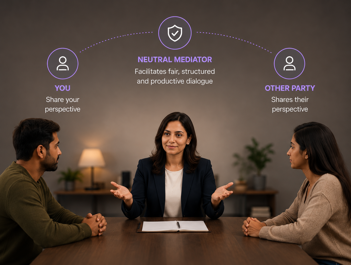 A neutral mediator facilitating a conversation between two parties